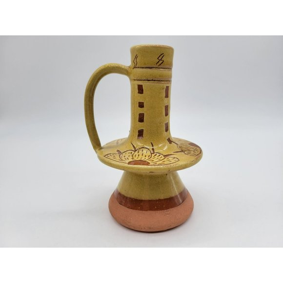 Pennsylvania Yellow Ware Glazed Chimney Candlestick W/Handle Incised Design - Picture 8 of 14